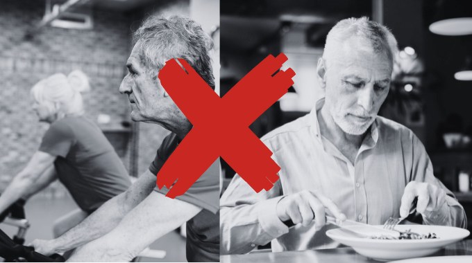 Imagem em preto e branco de uma pessoa mais velha fazendo exercicio e outra imagem ao lado comendo carne com um X vermelho em cima